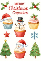 Colorful cupcakes topped with swirled frosting, featuring cute snowman decorations and a small Christmas tree. Perfect for holiday gatherings and festive treats.
