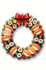Unique sushi wreath decorated with a red bow and fresh seafood displayed in a circular arrangement
