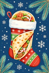 Colorful Christmas stocking filled with festive treats kebab and decorations for the holiday season