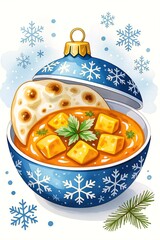 Warm winter soup curry with paneer served in a decorative bowl surrounded by snowflakes
