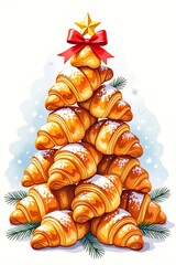 Croissant Christmas tree decorated with snow and a festive bow in a winter scene