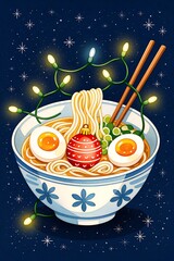 Xmac ramen, with lights , creative illustration for Christmas atmosphere 