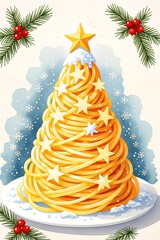 Unique holiday tree design made of pasta, featuring stars and holly, capturing the playful spirit of festive celebrations
