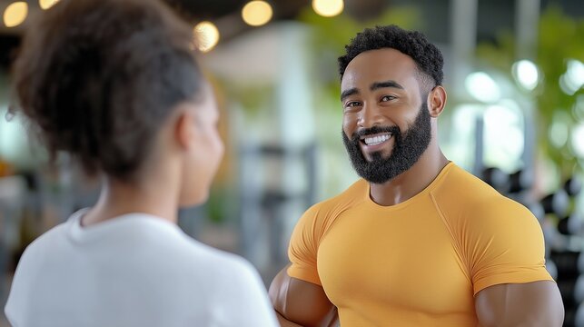 fitness trainer helping a client lift weights in a modern gym, both smiling with encouragement, with bright natural lighting and sleek equipment