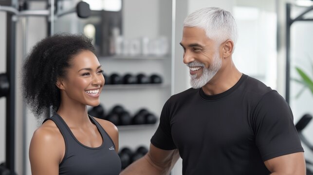 fitness trainer helping a client lift weights in a modern gym, both smiling with encouragement, with bright natural lighting and sleek equipment