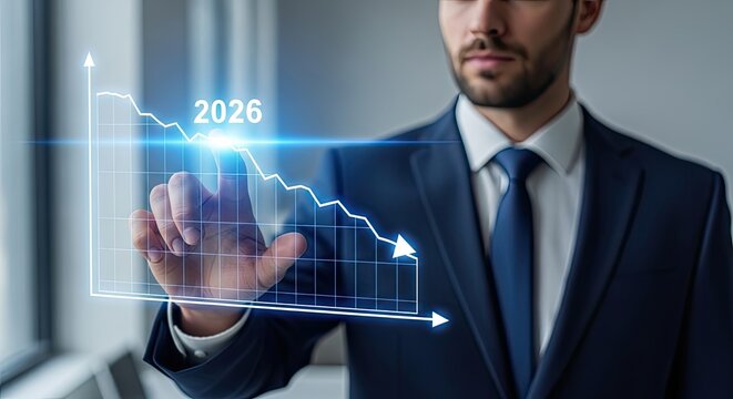 A determined man in a business suit interacts with a digital graph indicating a year 2026. The scene evokes a sense of strategic decision-making and projections in a professional setting.