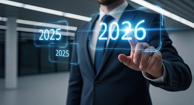 A businessman interacts with a futuristic digital interface, pointing at 2026, symbolizing planning and goals.