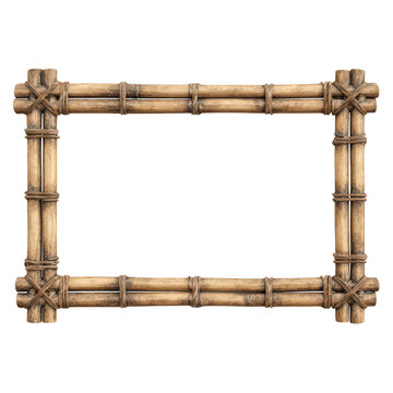 An empty rustic picture frame constructed from brown bamboo stalks lashed together with natural twine against a transparent background, isolated on transparent background, perfect cutout, PNG