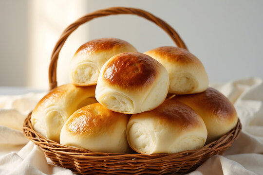 Basket of freshly baked bread rolls with a golden brown crust