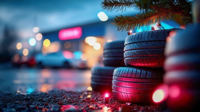 Creative Christmas tree made of stacked car tires decorated with lights, symbolizing automotive industry and holiday spirit