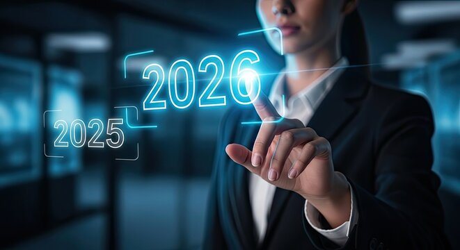 A business executive points towards a digitally rendered projection of the year 2026, the futuristic technology highlights anticipation, strategy, and vision. 