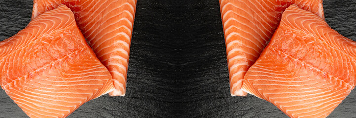 Fresh Salmon Fillet, Raw Norwegian Red Fish, Trout Meat Piece, Fresh Atlantic Salmon Fillet on Black