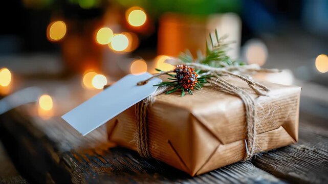 Rustic Christmas gift wrapped in brown paper with twine, pine branch, and blank tag on wooden table