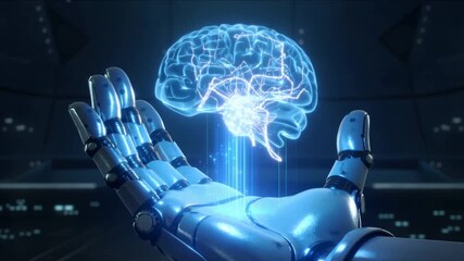 Robotic hand holding a glowing holographic human brain with neural network connections artificial intelligence. - Powered by Adobe