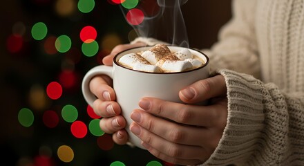 Close-up of hands holding a mug of hot cocoa with marshmallows, Christmas lights blurred in the background, cozy festive mood