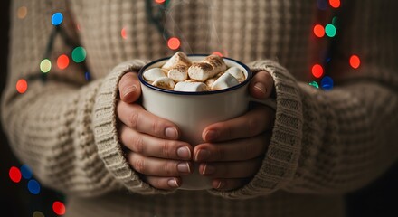 Close-up of hands holding a mug of hot cocoa with marshmallows, Christmas lights blurred in the background, cozy festive mood