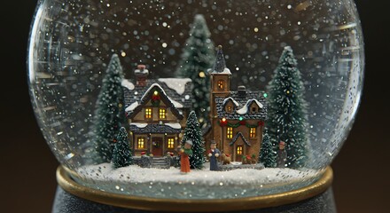 A crystal snow globe with a miniature Christmas village inside, sparkling snow falling, highly detailed macro style