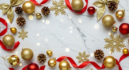 Luxury Christmas flat lay: golden ornaments, sparkling snowflakes, pinecones, red ribbons, arranged on a marble background, elegant holiday design