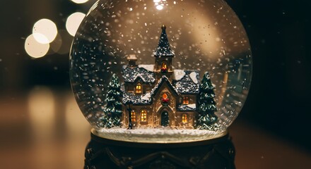 Snow-covered European village at night, warm lights from houses, people in winter clothes walking with gifts, magical festive mood, cinematic wide shot