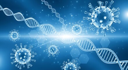 Abstract background with floating virus molecules and DNA strands, blue medical theme, technology-inspired composition, perfect for healthcare design
