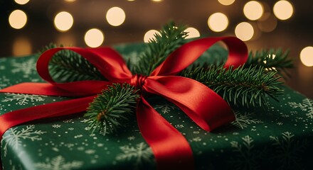 Close-up of a beautifully wrapped Christmas present with a red ribbon and pine decorations, soft bokeh lights in the background, premium detail