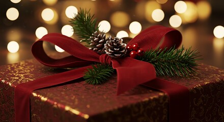 Close-up of a beautifully wrapped Christmas present with a red ribbon and pine decorations, soft bokeh lights in the background, premium detail