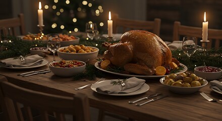 A rustic wooden table set with traditional Christmas dinner, roasted turkey, candles, and evergreen branches, cinematic food styling, holiday feast