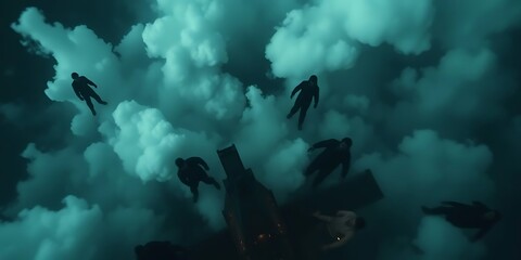 Silhouettes of multiple figures floating or falling through dark, ominous teal clouds above a destroyed structure. Suggests apocalypse, sci-fi, or a dream.