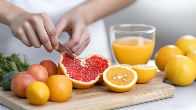 close-up of hands slicing fresh vegetables and fruits on a wooden cutting board, preparing a healthy and colorful meal