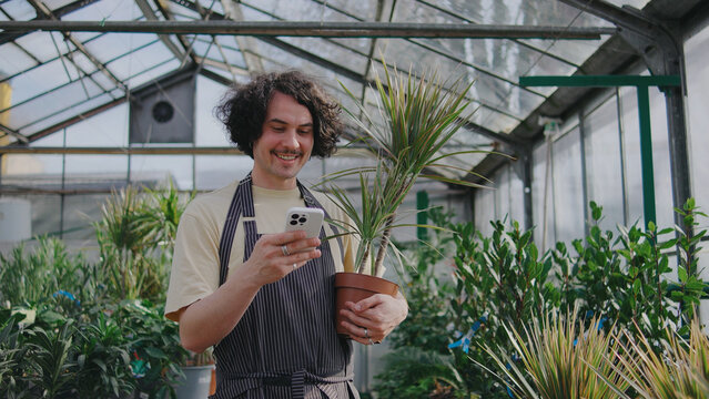 Gardener checks plant care tips on his phone while holding a potted plant in a bright greenhouse - Powered by Adobe