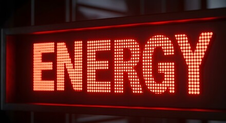 Fototapeta premium A glowing red led sign displaying the word energy in a dark setting in a close up shot