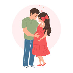 Young couple, husband and pregnant wife. Happy family concept. Illustration, poster.