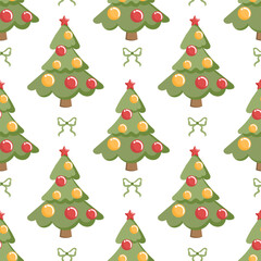 Seamless pattern, colorful Christmas trees with Christmas balls on a white background. Background, print.