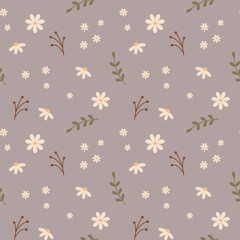 Seamless pattern with daisy flowers and leaves. Simple floral background in pastel colors