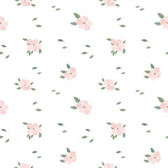 Seamless pattern with delicate pink flowers and green leaves on a white background. Print