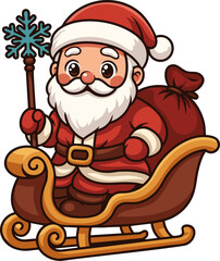 Cute kawaii-style Santa on a sleigh, holding a snowflake wand and ready for the holidays. Perfect for Christmas and festive designs.