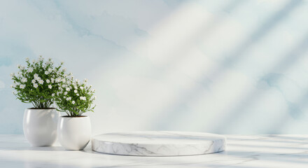 Elegant product display with marble pedestal and floral accent design