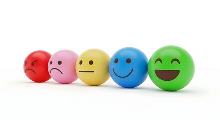 A row of colorful emoji balls showing different emotions from angry to very happy on white background