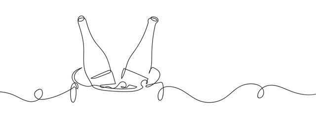 Two champagne bottles in an ice bucket, one continuous line, hand drawn doodle. single line art drawing vector illustration strokes can be edited. © Proongnee