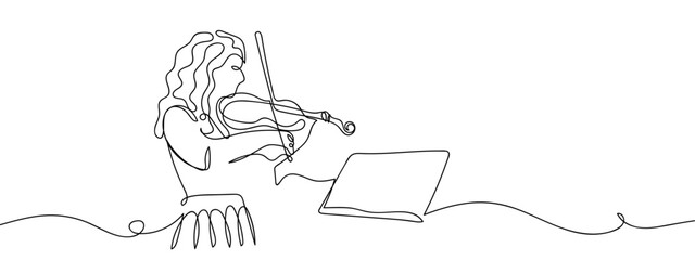 Female musician playing violin, one continuous line, hand drawn doodle. single line art drawing vector illustration strokes can be edited. © Proongnee