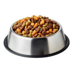 A shiny metal bowl filled with multicolored dry pet food sits ready for a meal against a solid ,, isolated on transparent background, perfect cutout, PNG