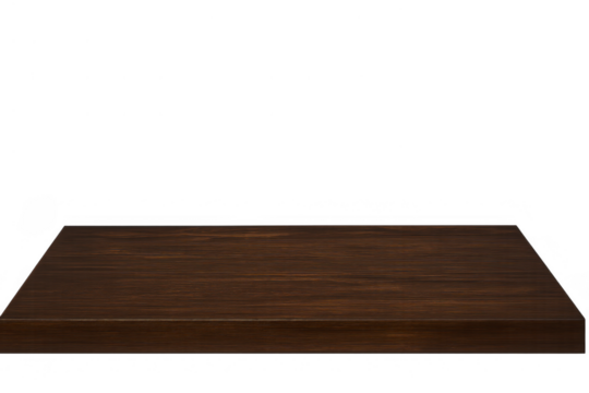 Wooden surface presenting products against transparent background, brown wood shelf for display or marketing