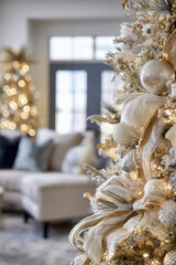 Elegant Christmas tree with gold and white ornaments in a cozy living room setting