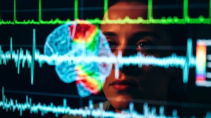Close-up of a focused woman analyzing brain scan data with ECG readings - Powered by Adobe