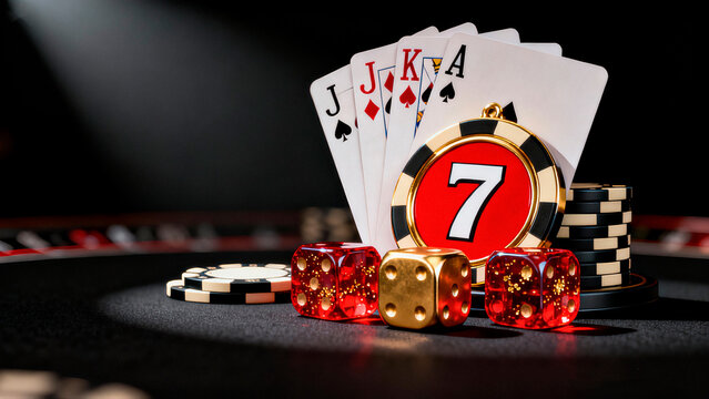 Experience the thrill of victory with this royal flush, lucky dice, and lucky number 7 chip for your next exciting game night or casino themed event