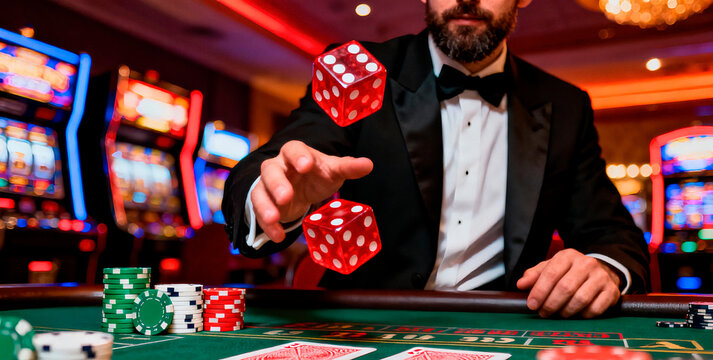 Elegant man in tuxedo throwing red dice at vibrant casino, embodying risk and excitement with cards and chips, perfect for gaming promotions