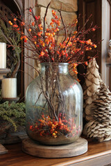 Autumnal berry arrangement in a large glass vase on a wooden table