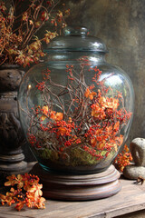 Autumnal glass terrarium with orange berries and fall foliage