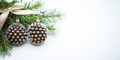 Vintage Christmas ornaments on pine branch with ribbon, perfect for winter greetings and holiday cards