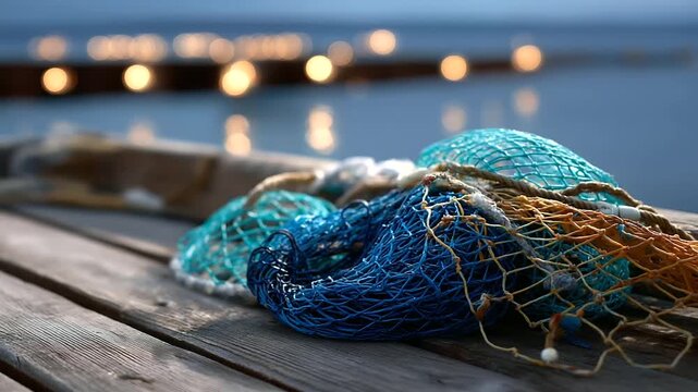 Faceless macro shot of intertwined fishing nets on a rustic pier, shallow depth of field with softly blurred sea reflections, with copy space